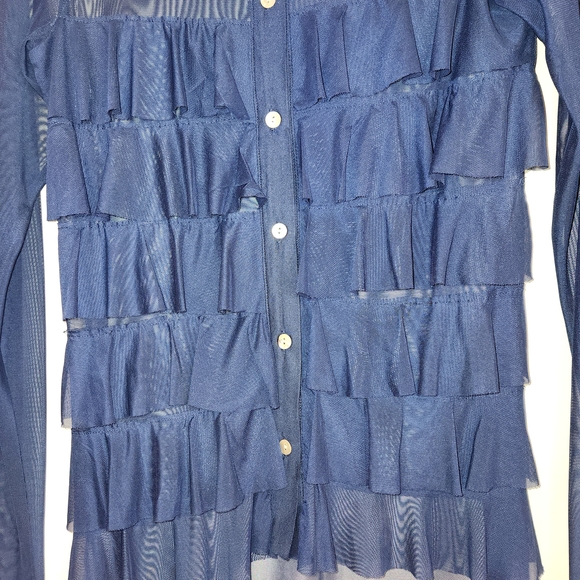 Isle By Melis Kozan Cha Cha Ruffle Mesh Long Sleeve Sheer Navy Blue Top Size S - Picture 5 of 10
